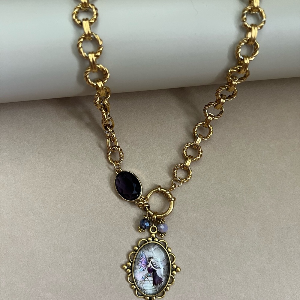 Fairycore Fairy Pendant Statement Necklace: Resin Pendant, Gold Stainless Steel